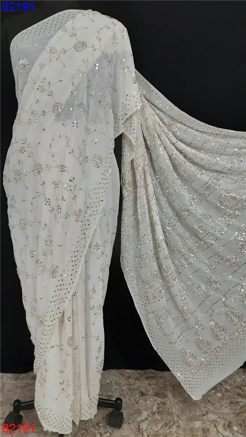 Off White Mukaish Work Saree for Pre-Wedding and Bridal Wear